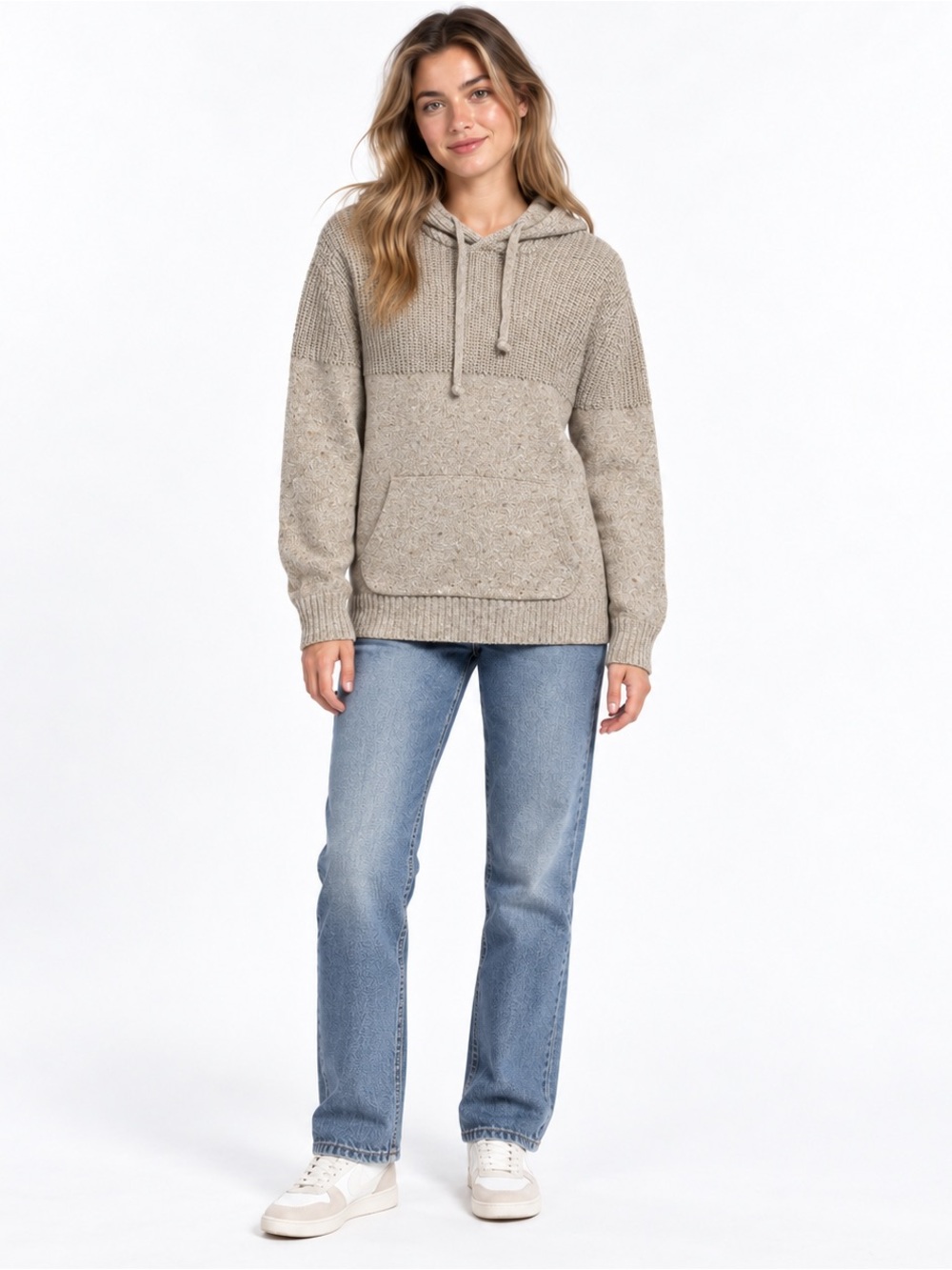 American Eagle Oatmeal Flecked Knit Hoodie Sweater Medium Silk Wool Blend